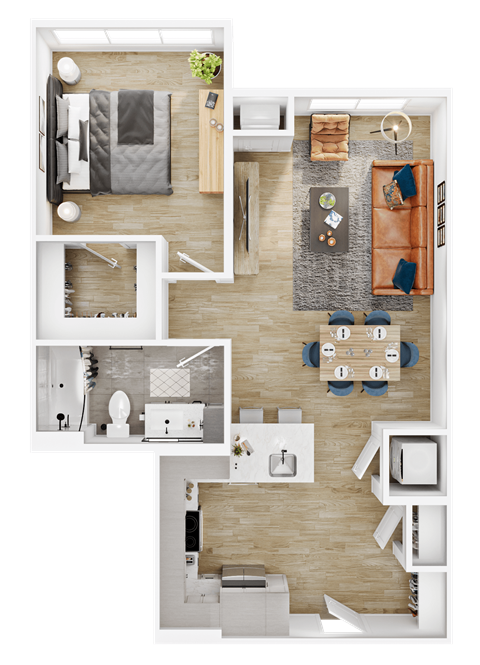 Floor plan for 1 bed, 1 bath, 730 sqft